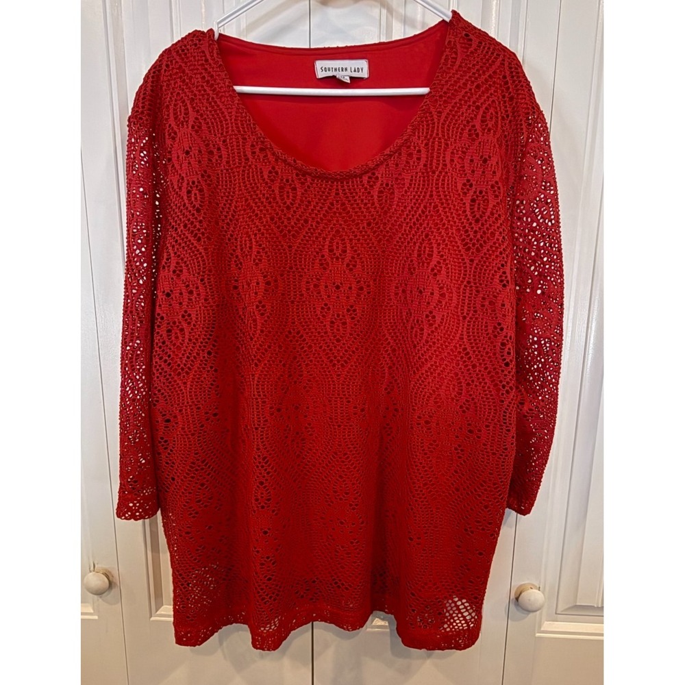 Southern Lady Women's Red Lace Tunic Top 3X Long Sleeve Lined Plus Size Boho